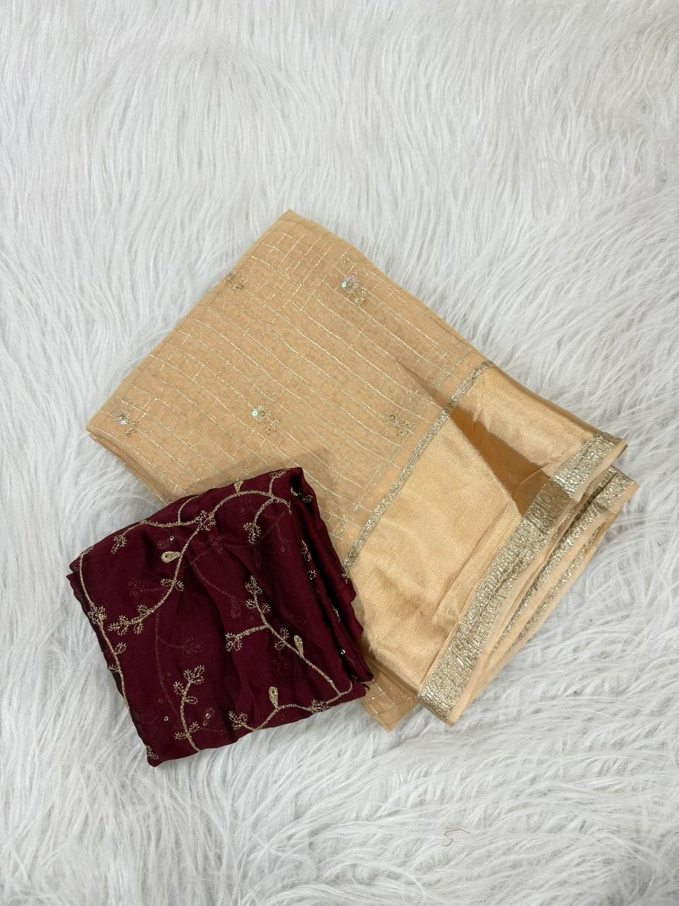 Premium Viscose Georgette Saree with Checks, Butti & Sequins Work – Rangoli Silk Zari Blouse