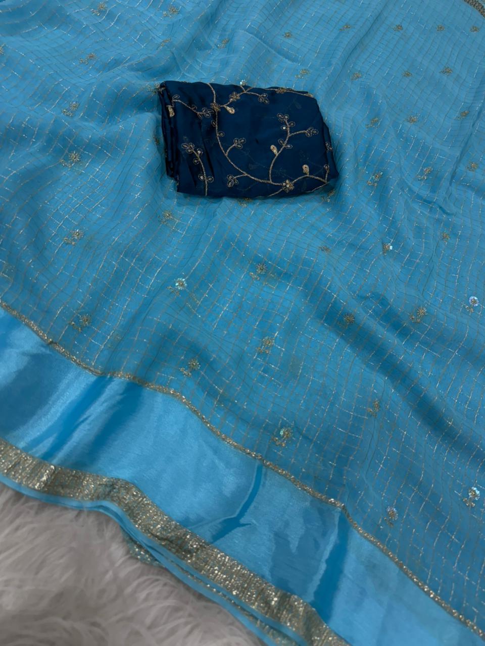 Premium Viscose Georgette Saree with Checks, Butti & Sequins Work – Rangoli Silk Zari Blouse
