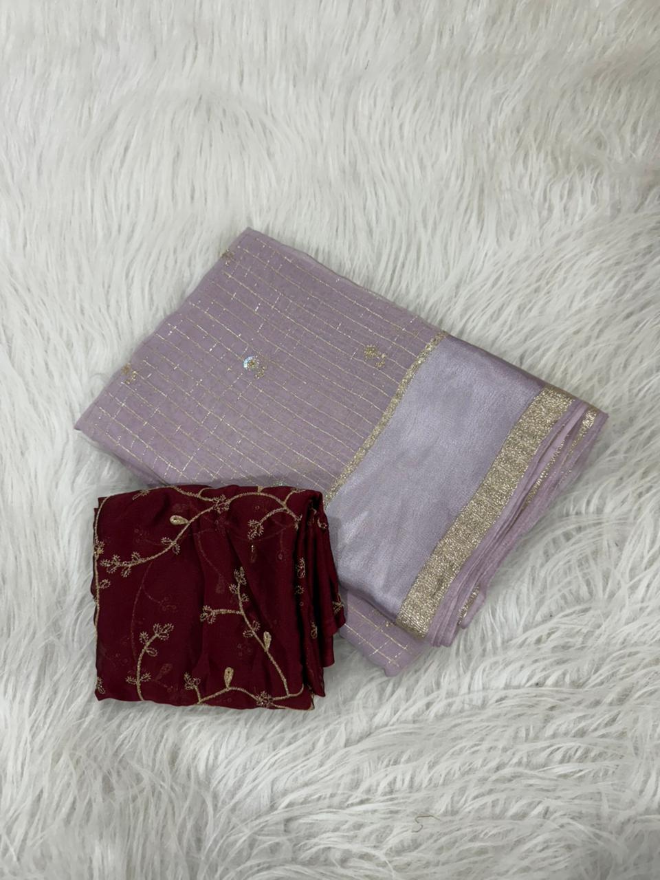 Premium Viscose Georgette Saree with Checks, Butti & Sequins Work – Rangoli Silk Zari Blouse