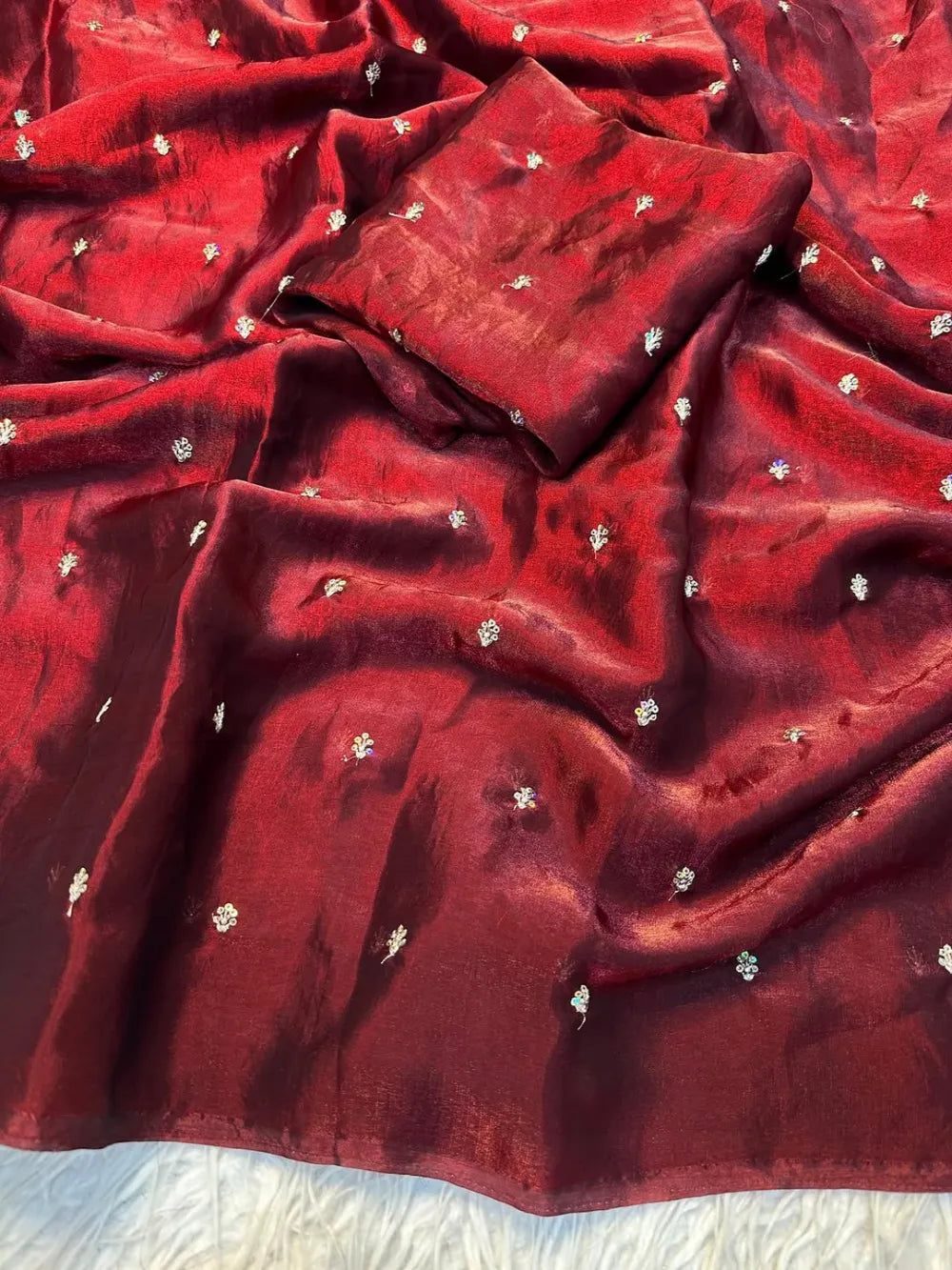 Fendy Satin Dual Shaded Saree with Zari & Sequins Floral Butti – Running Blouse Work