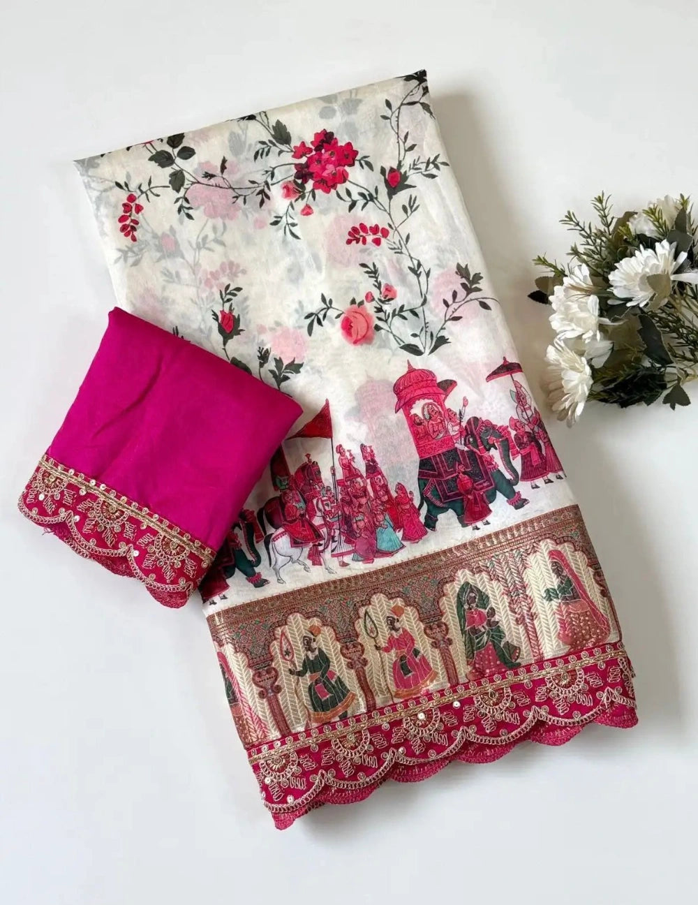 Designer Dola Silk Banarasi Saree with Digital Print & Sequins Embroidery Border – Banglori Blouse