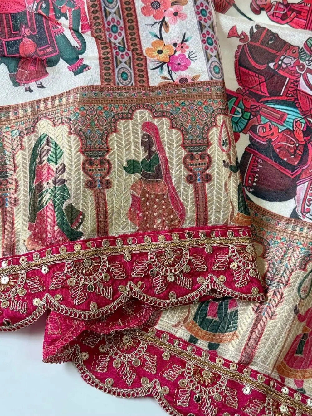 Designer Dola Silk Banarasi Saree with Digital Print & Sequins Embroidery Border – Banglori Blouse