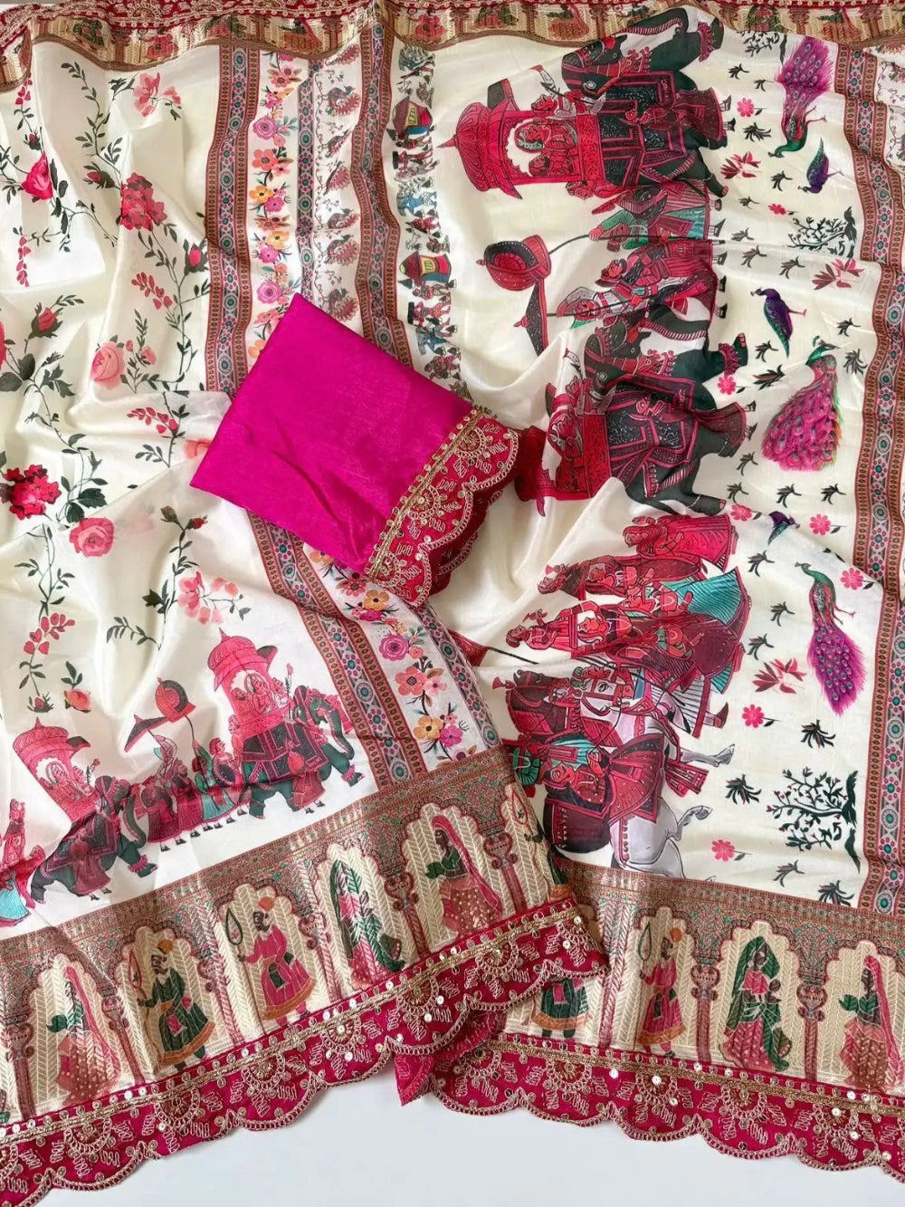 Designer Dola Silk Banarasi Saree with Digital Print & Sequins Embroidery Border – Banglori Blouse