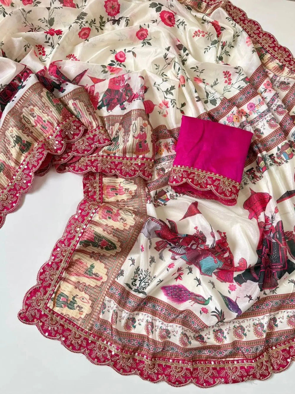 Designer Dola Silk Banarasi Saree with Digital Print & Sequins Embroidery Border – Banglori Blouse