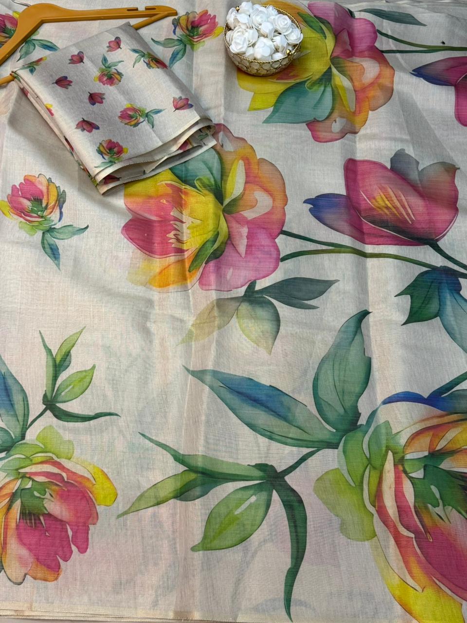 Off‑White Floral Tissue Silk Saree with Multicolor Digital Print & Matching Blouse