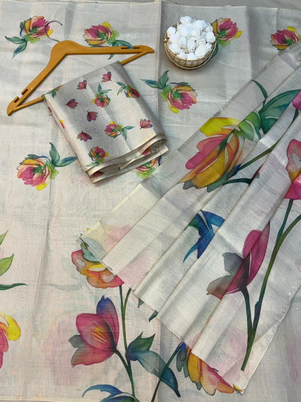 Off‑White Floral Tissue Silk Saree with Multicolor Digital Print & Matching Blouse