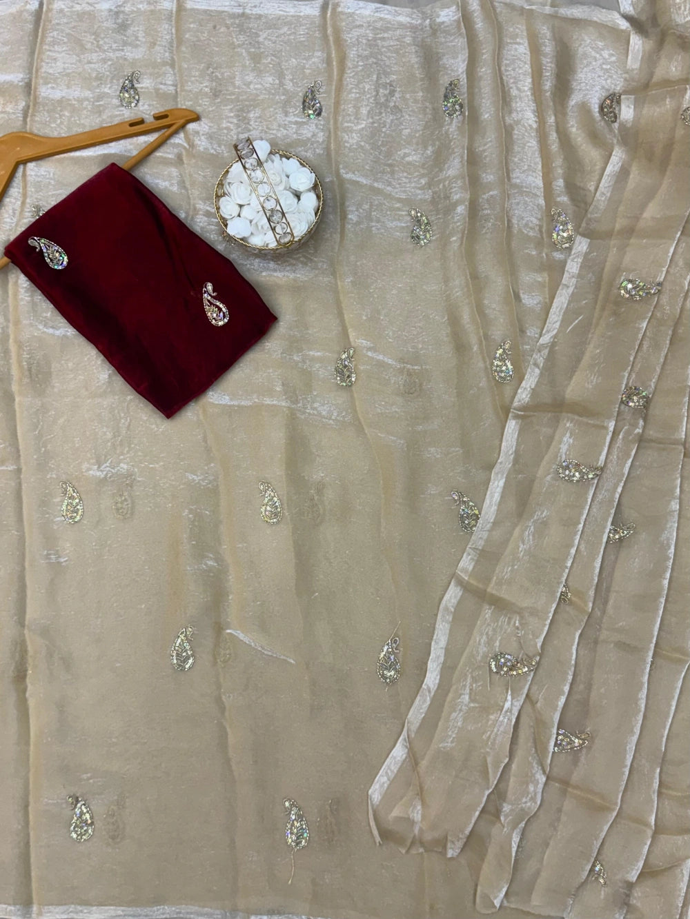 Best Selling Space Satin Saree with Sequins Floral Butti – Contrast Blouse