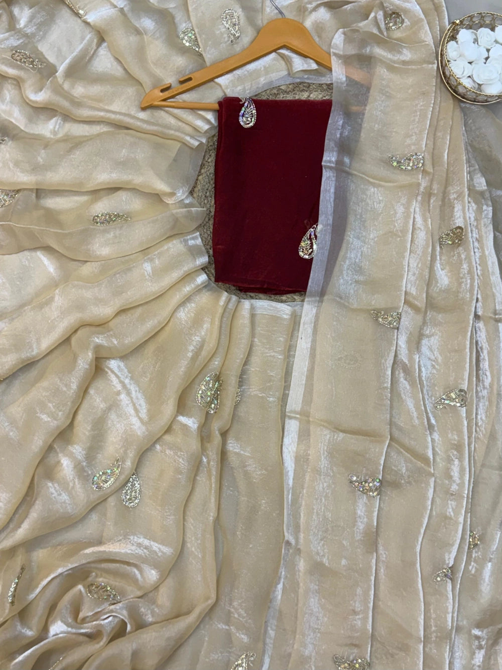 Best Selling Space Satin Saree with Sequins Floral Butti – Contrast Blouse