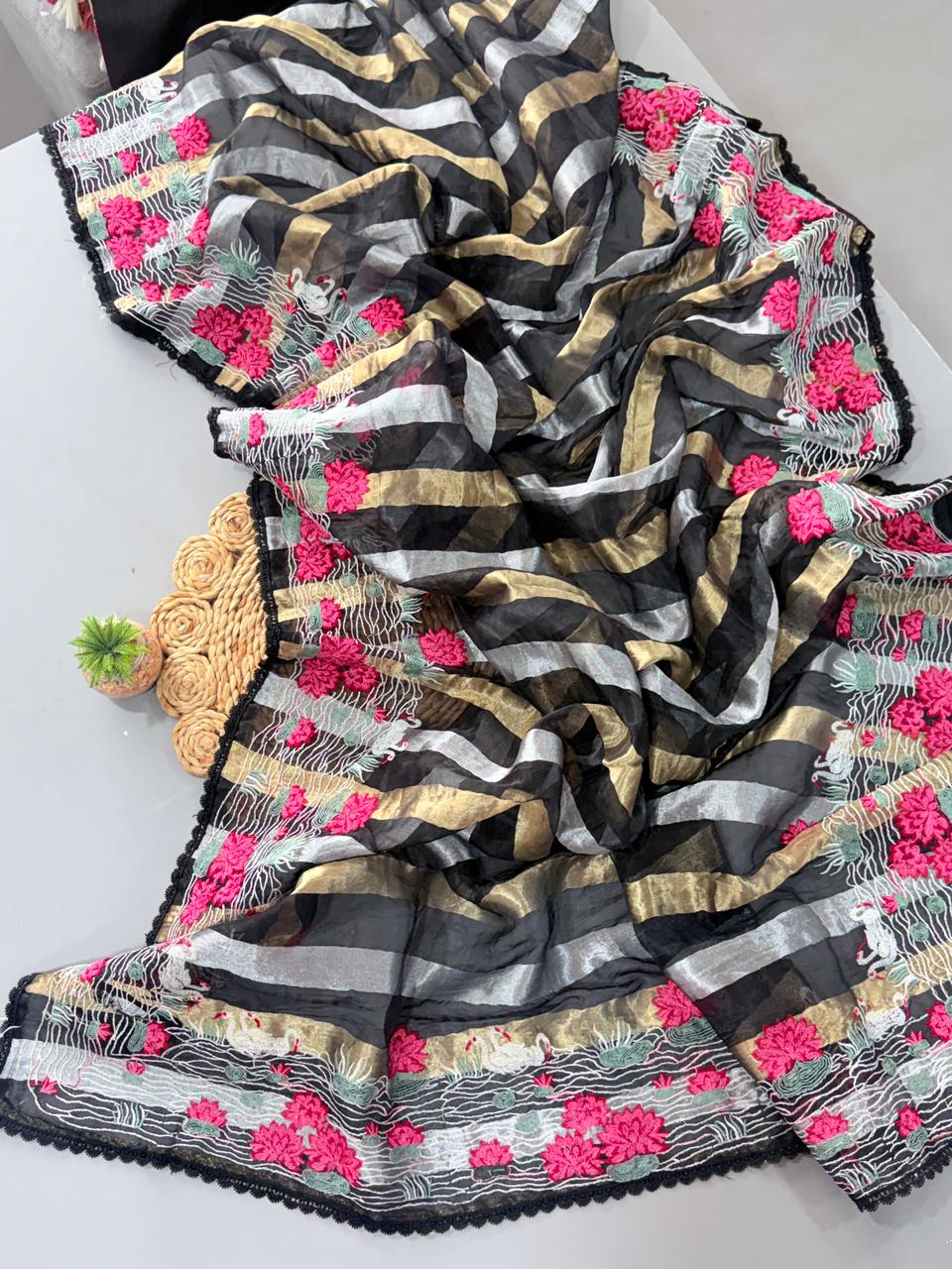 Premium Organza Tissue Saree with Golden & Silver Zari Stripes and Multithread Work – Banglori Silk Blouse