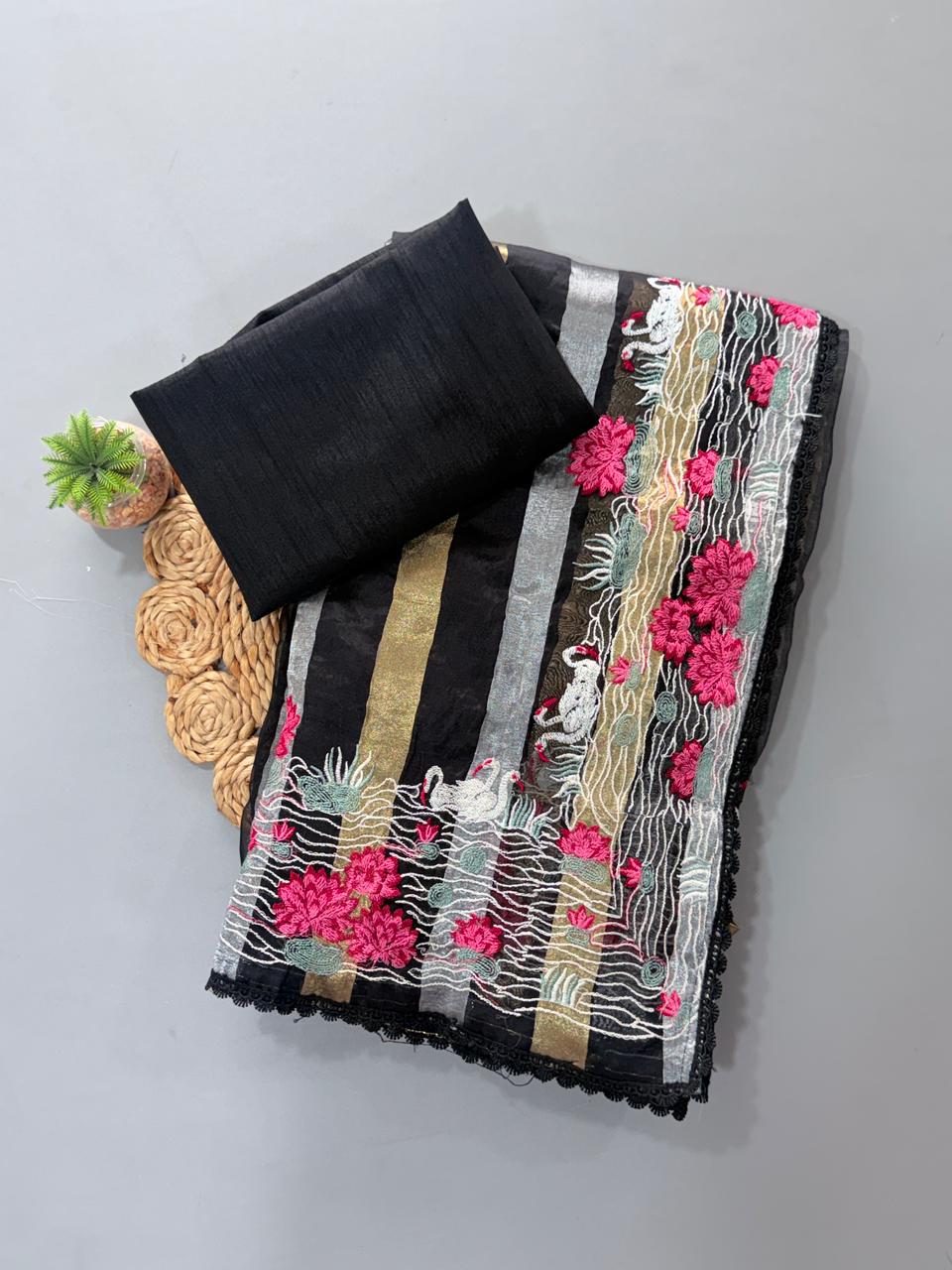 Premium Organza Tissue Saree with Golden & Silver Zari Stripes and Multithread Work – Banglori Silk Blouse