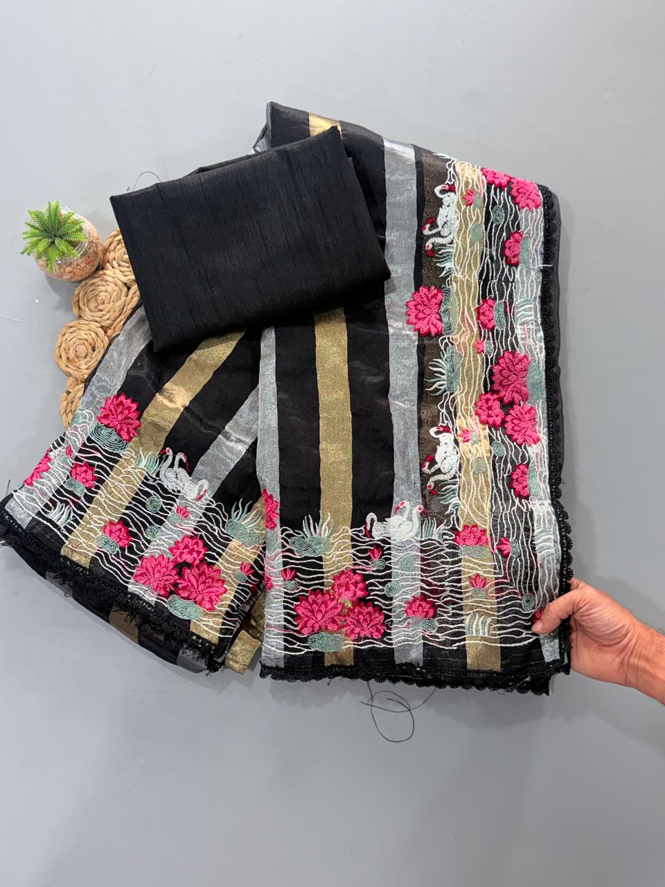 Premium Organza Tissue Saree with Golden & Silver Zari Stripes and Multithread Work – Banglori Silk Blouse