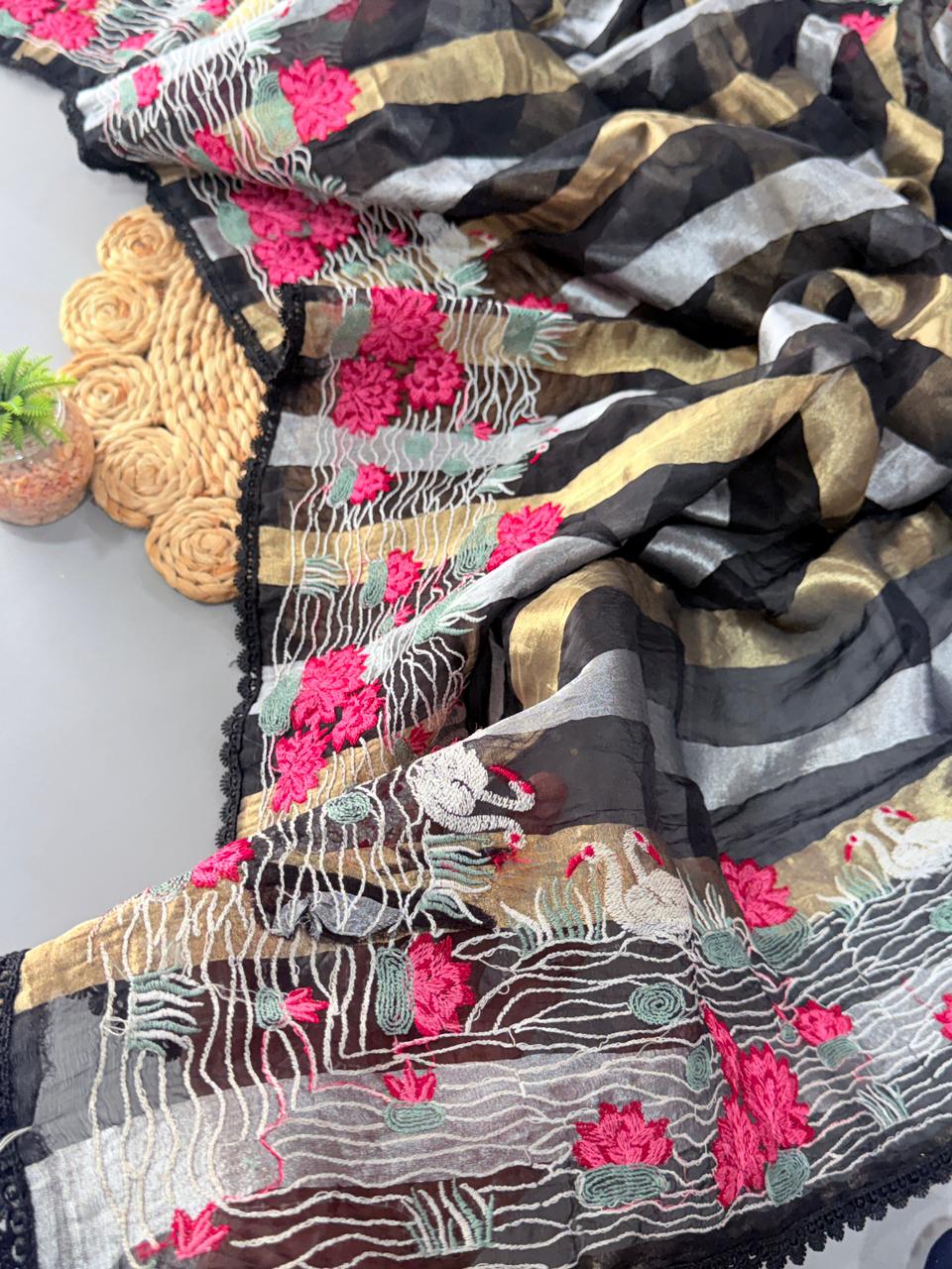 Premium Organza Tissue Saree with Golden & Silver Zari Stripes and Multithread Work – Banglori Silk Blouse