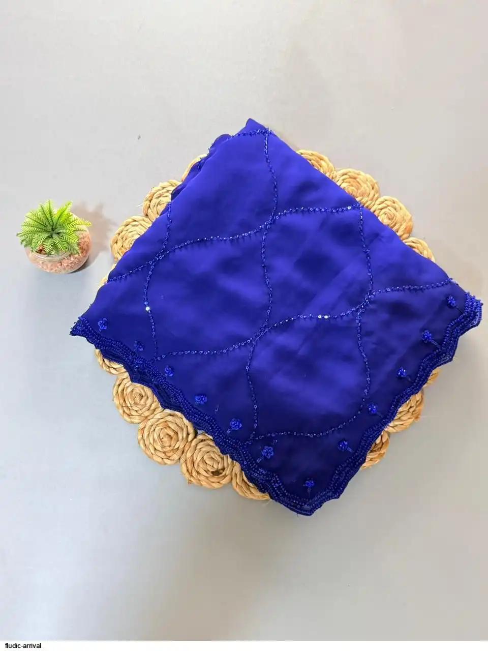Premium Pure Georgette Saree with Heavy Sequins Bits Work & Designer Scallop Border – Running Blouse