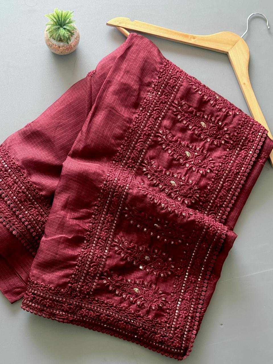 Premium Kota Doriya Saree with Multisequins Thread Work & GPO Lace Border – Running Blouse