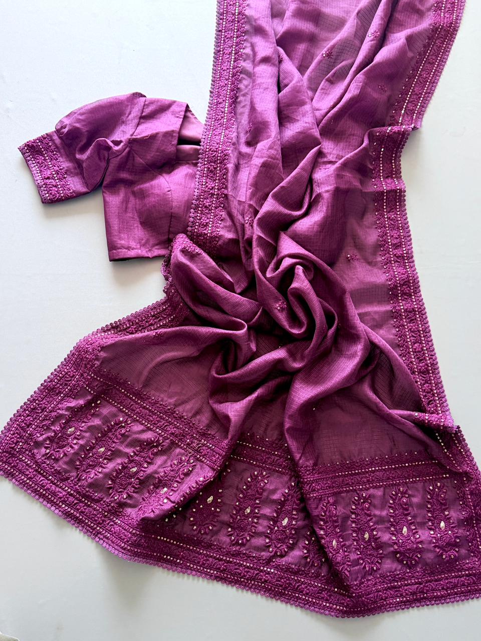 Premium Kota Doriya Saree with Multisequins Thread Work & GPO Lace Border – Running Blouse