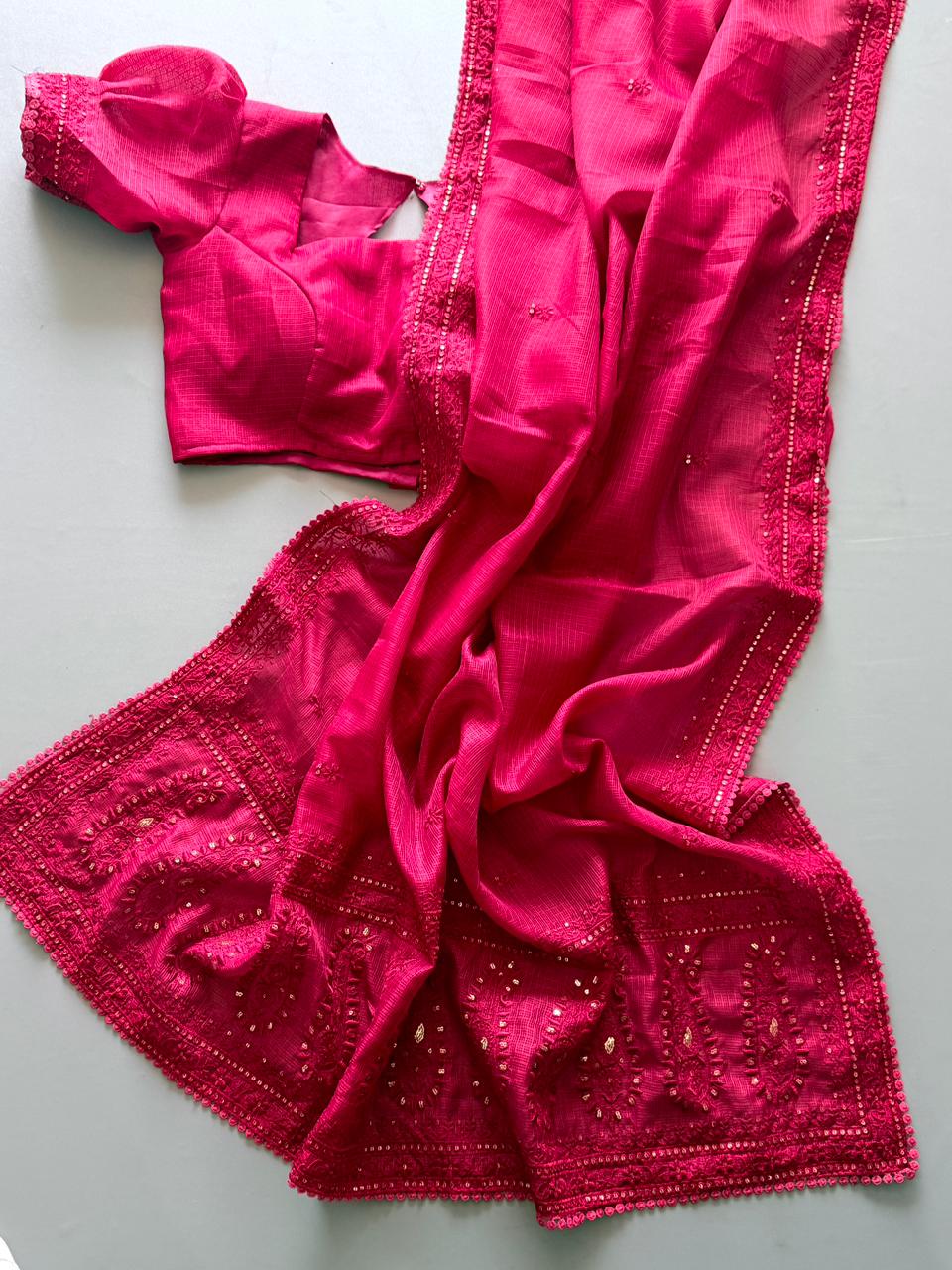 Premium Kota Doriya Saree with Multisequins Thread Work & GPO Lace Border – Running Blouse