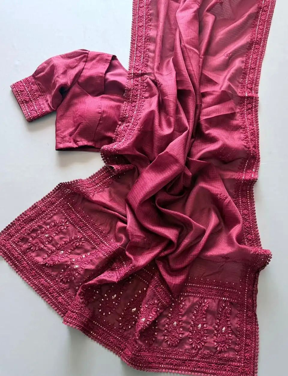 Premium Kota Doriya Saree with Multisequins Thread Work & GPO Lace Border – Running Blouse