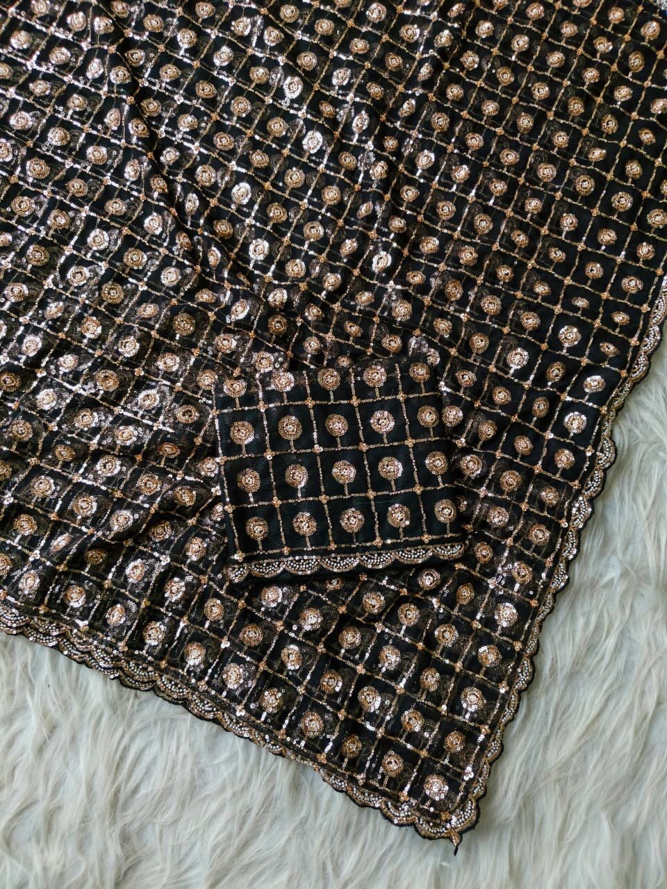 Bollywood Trending Butterfly Net Saree with Sequins Brits Work & Arco Border – Running Blouse