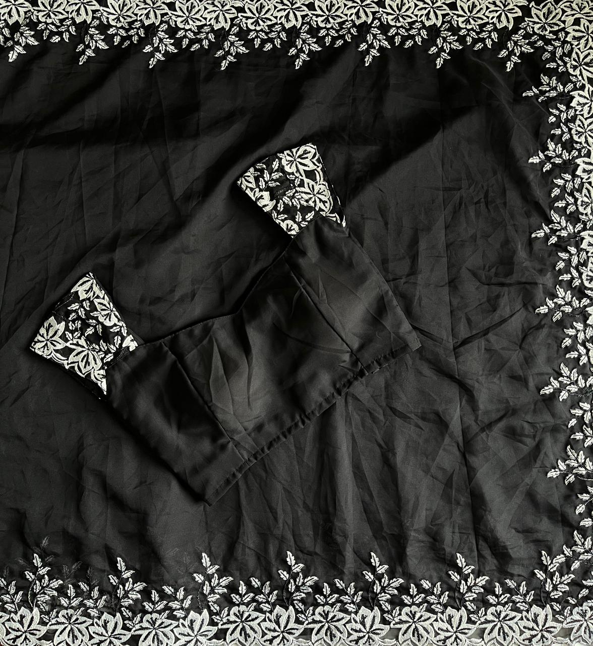Exclusive Premium Tabi Silk Saree with White Thread Work & Scalloped Border – Organza Tebby Blouse