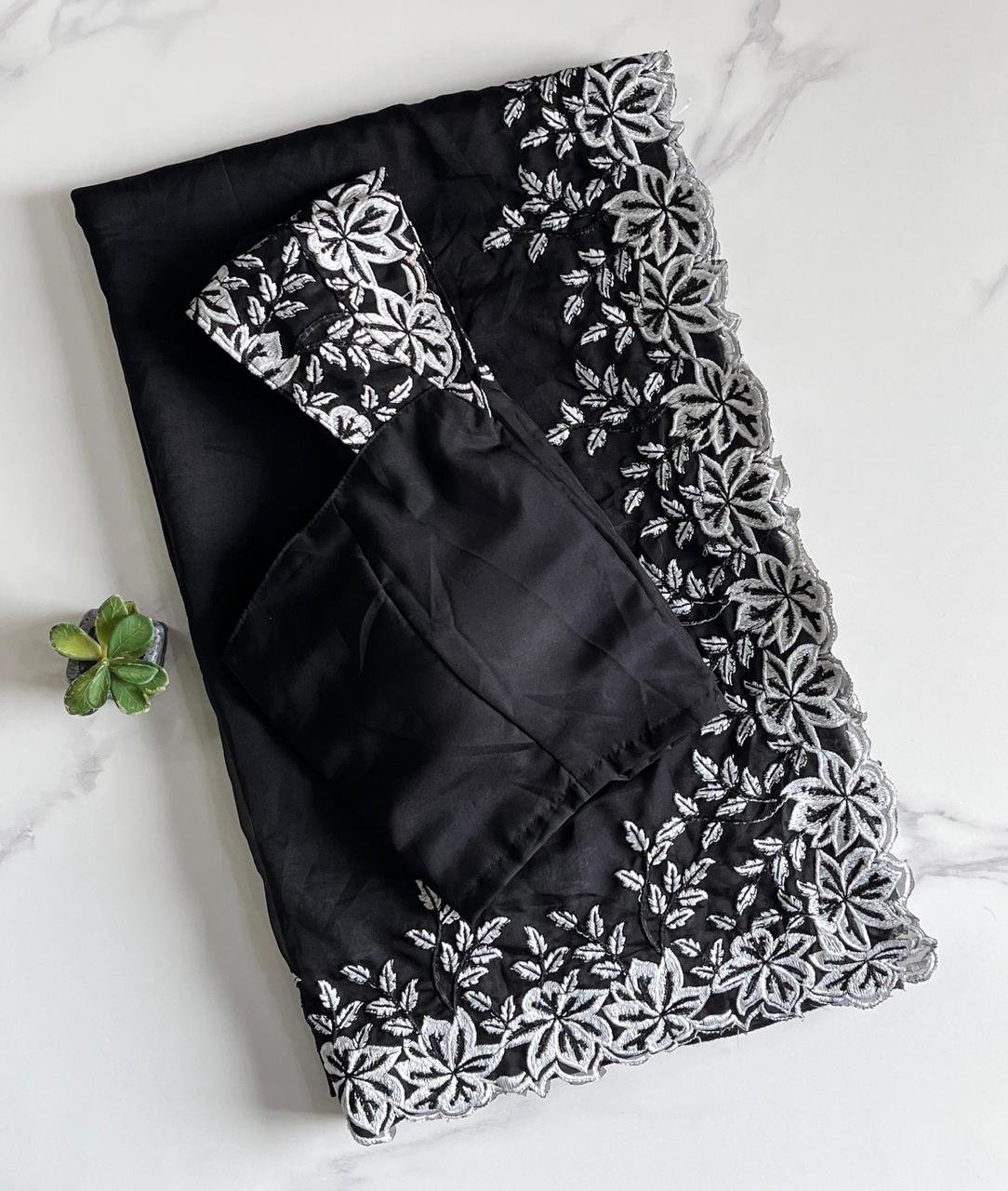 Exclusive Premium Tabi Silk Saree with White Thread Work & Scalloped Border – Organza Tebby Blouse