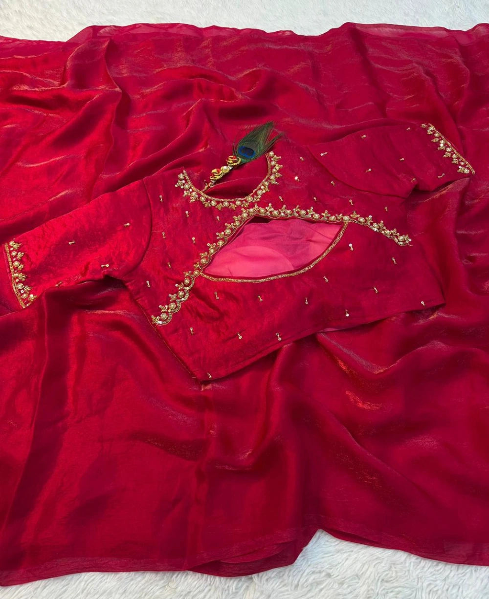 Premium Space Silk Saree with Fancy Cut Dana Blouse – New Launch Collection