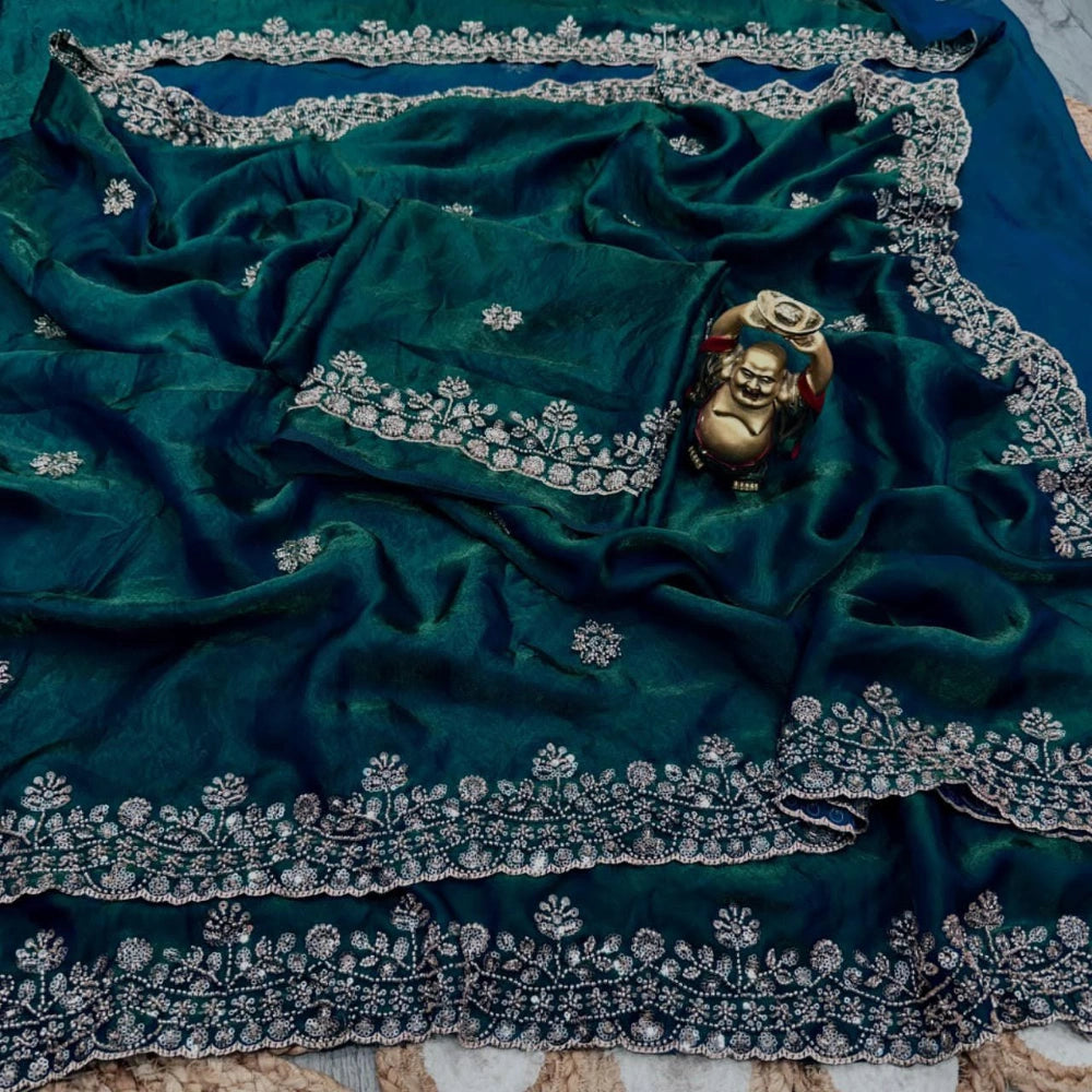 Premium Space Silk Saree with Sequins & Cutdana Handwork – Velvet Shine Finish