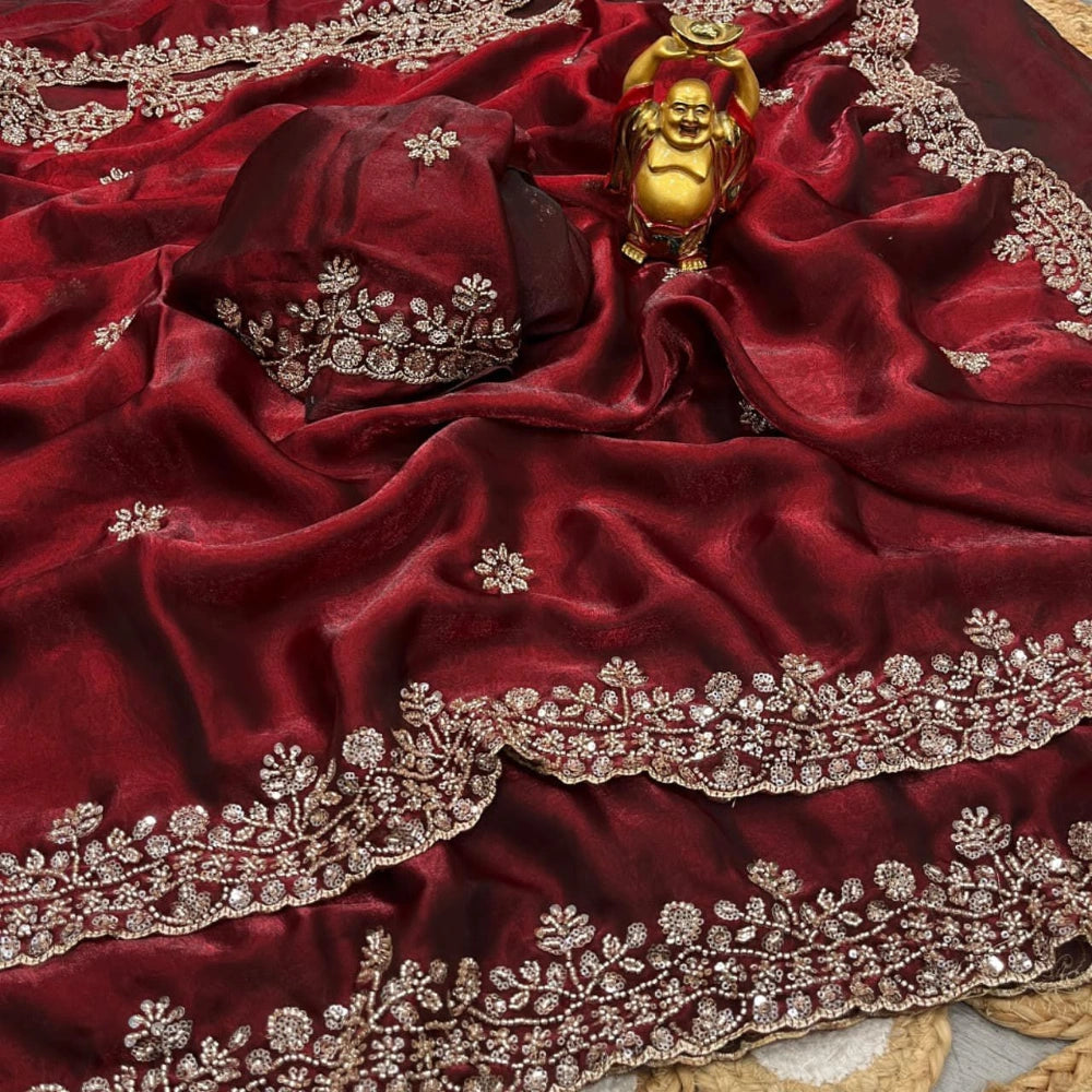 Premium Space Silk Saree with Sequins & Cutdana Handwork – Velvet Shine Finish