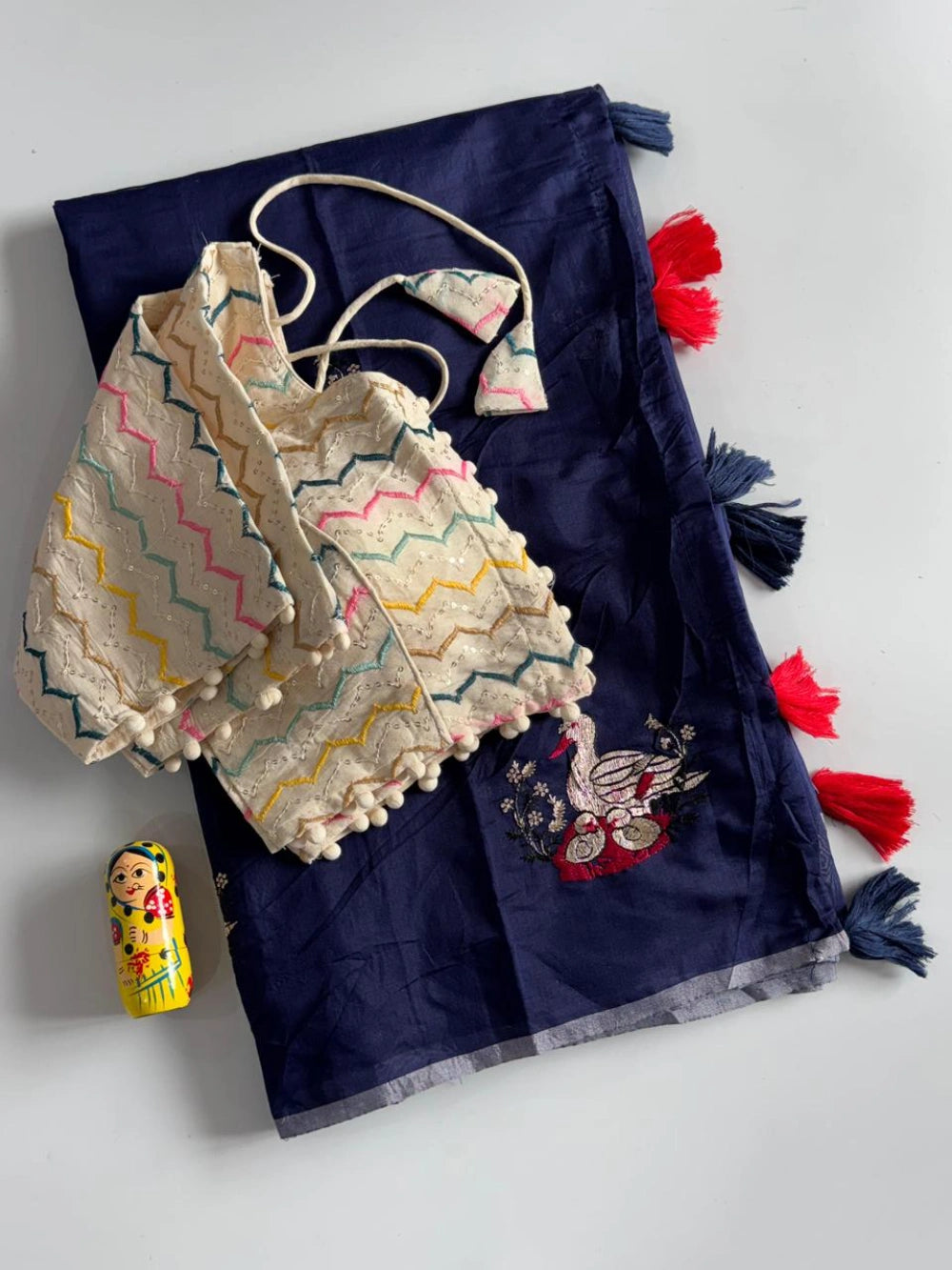 Premium Chanderi Saree with Deer Embroidery & Cotton Tassels – Khadhi Blouse