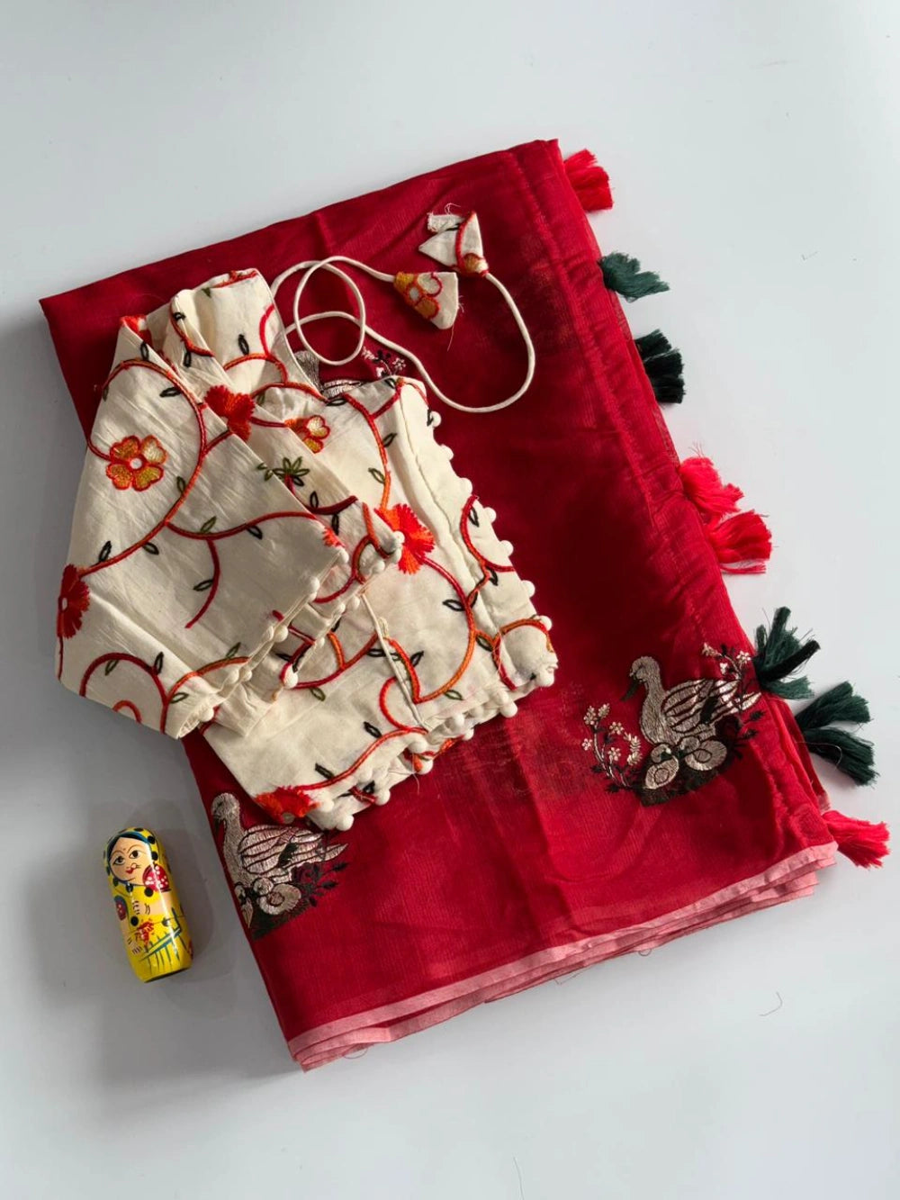 Premium Chanderi Saree with Deer Embroidery & Cotton Tassels – Khadhi Blouse