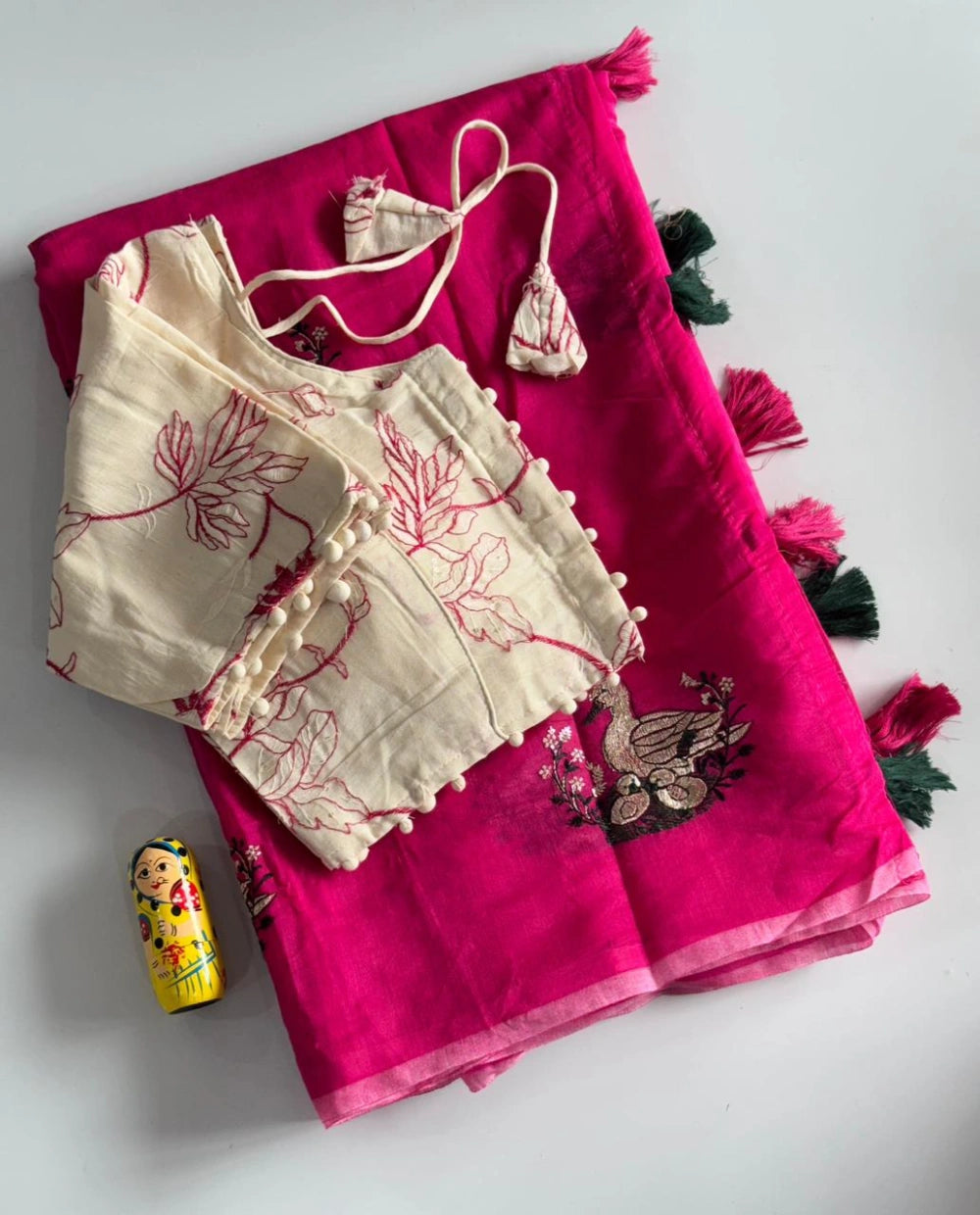Premium Chanderi Saree with Deer Embroidery & Cotton Tassels – Khadhi Blouse
