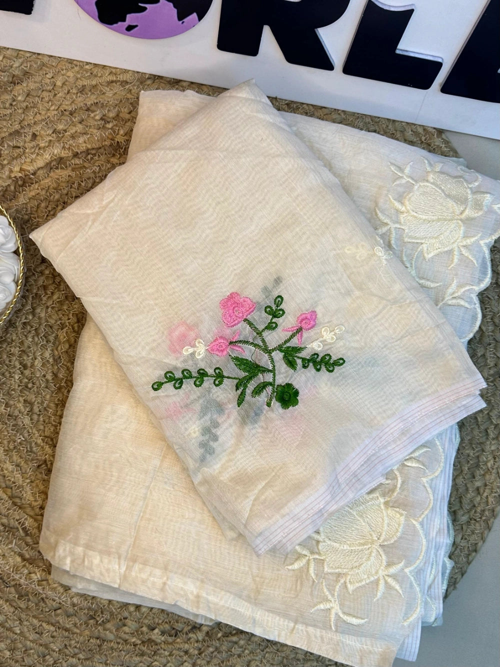Pure Chanderi Cotton Saree with Embroidery & Cutwork Border – Multi‑Work Blouse