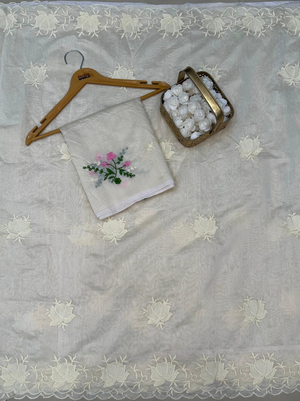 Pure Chanderi Cotton Saree with Embroidery & Cutwork Border – Multi‑Work Blouse