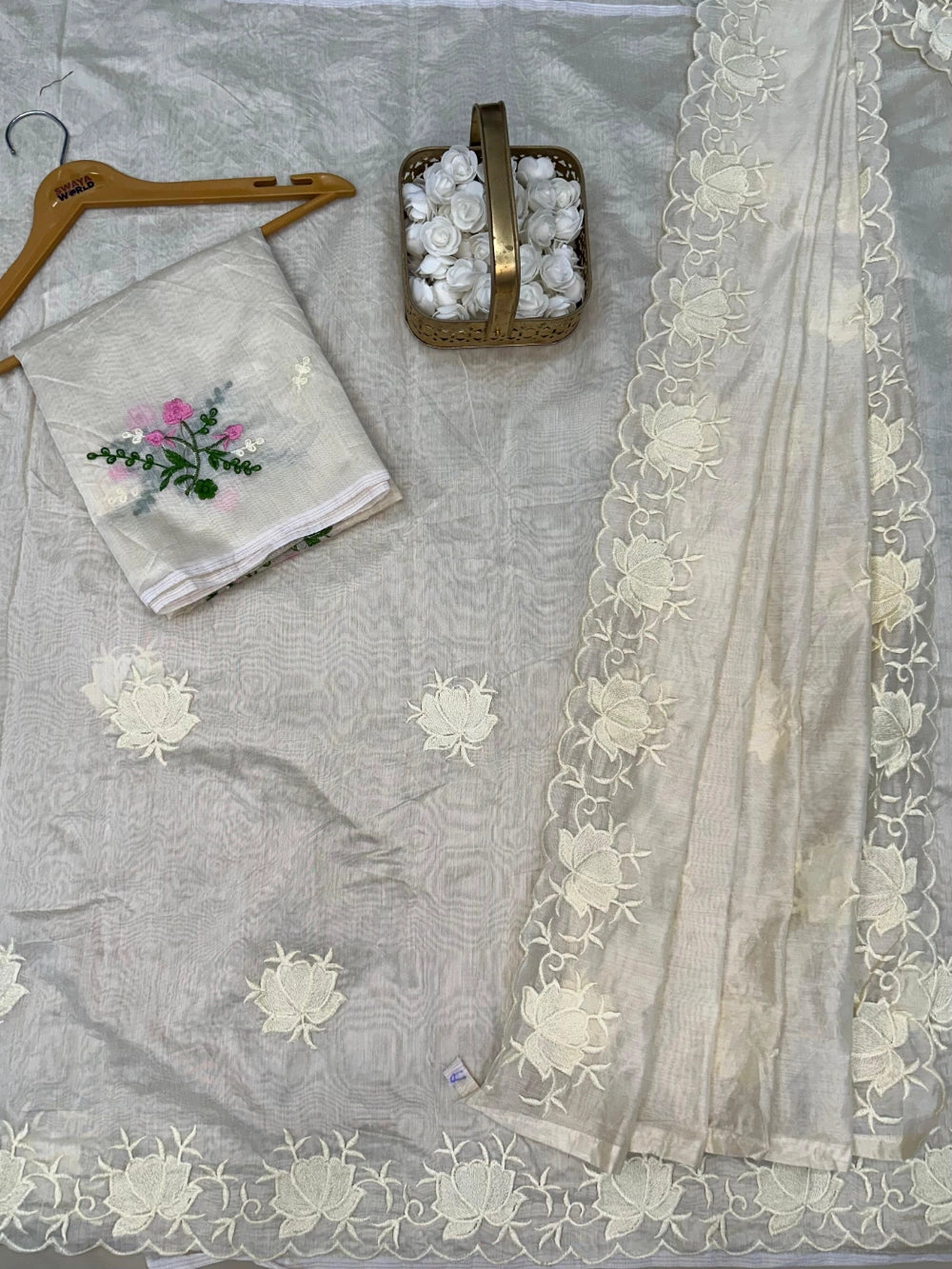 Pure Chanderi Cotton Saree with Embroidery & Cutwork Border – Multi‑Work Blouse