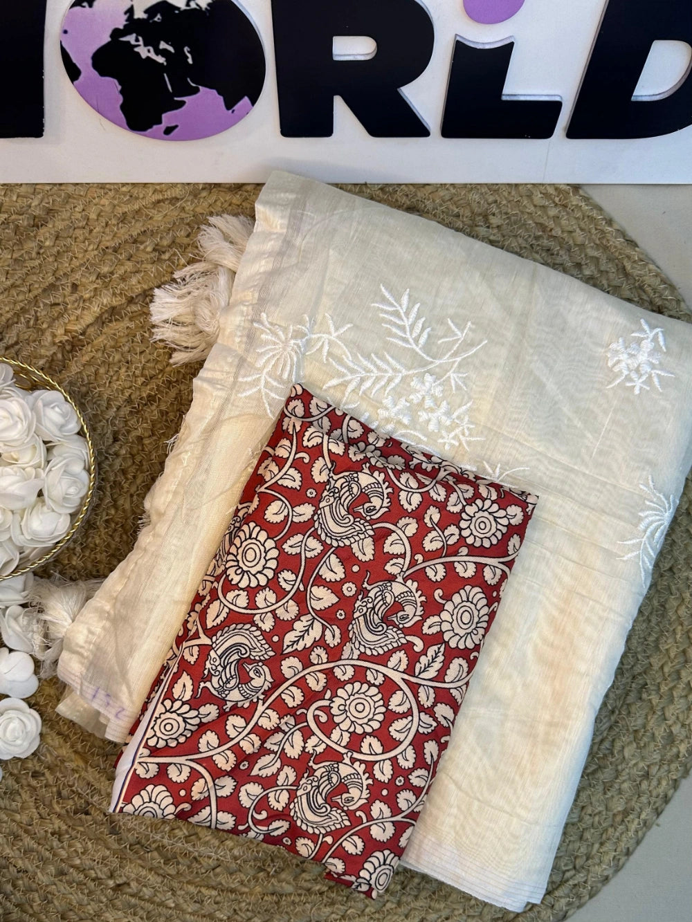 Exclusive Chanderi Cotton Saree with Flower Work & Heavy Tassels – Kalamkari Blouse
