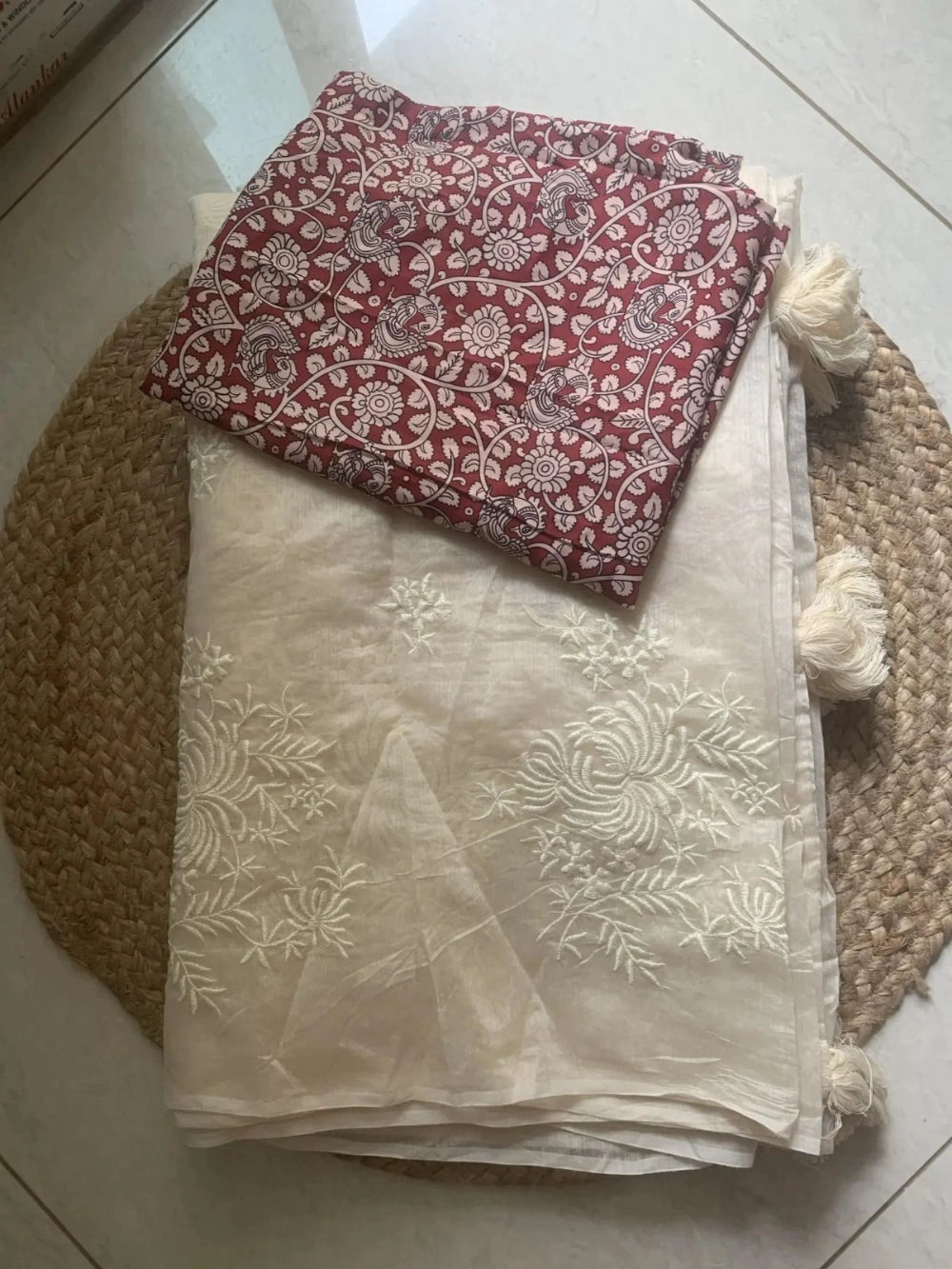 Exclusive Chanderi Cotton Saree with Flower Work & Heavy Tassels – Kalamkari Blouse