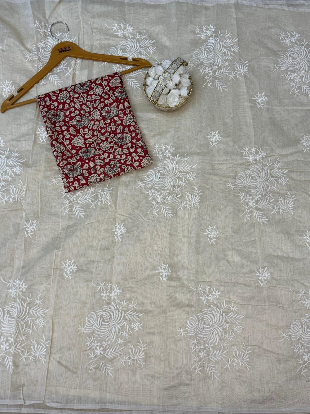 Exclusive Chanderi Cotton Saree with Flower Work & Heavy Tassels – Kalamkari Blouse