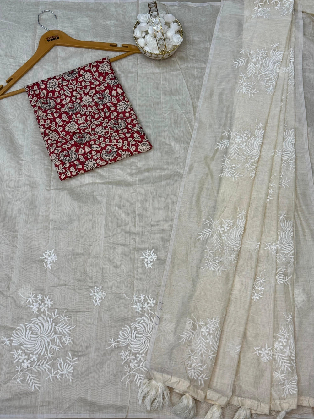 Exclusive Chanderi Cotton Saree with Flower Work & Heavy Tassels – Kalamkari Blouse