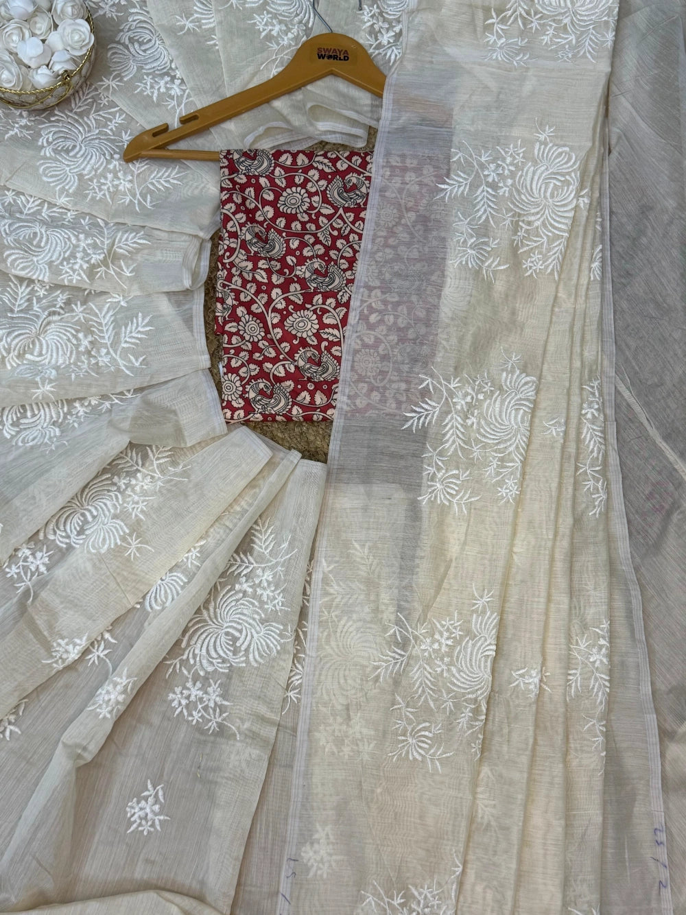 Exclusive Chanderi Cotton Saree with Flower Work & Heavy Tassels – Kalamkari Blouse