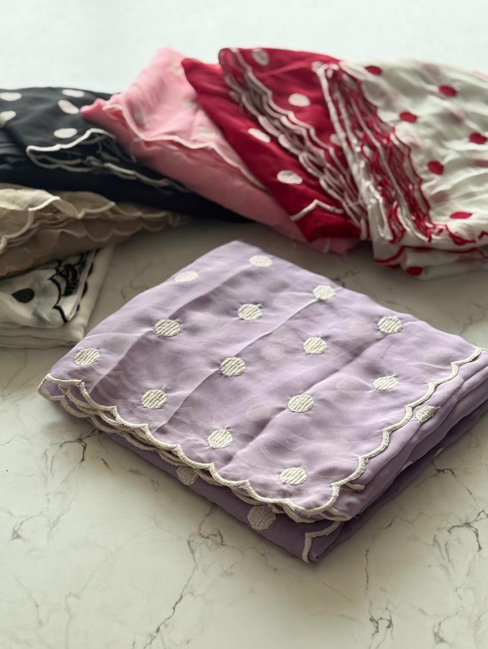 Premium Tebby Organza Saree with Polka Dot Thread Work & Scalloped Border – Heavy Blouse Work