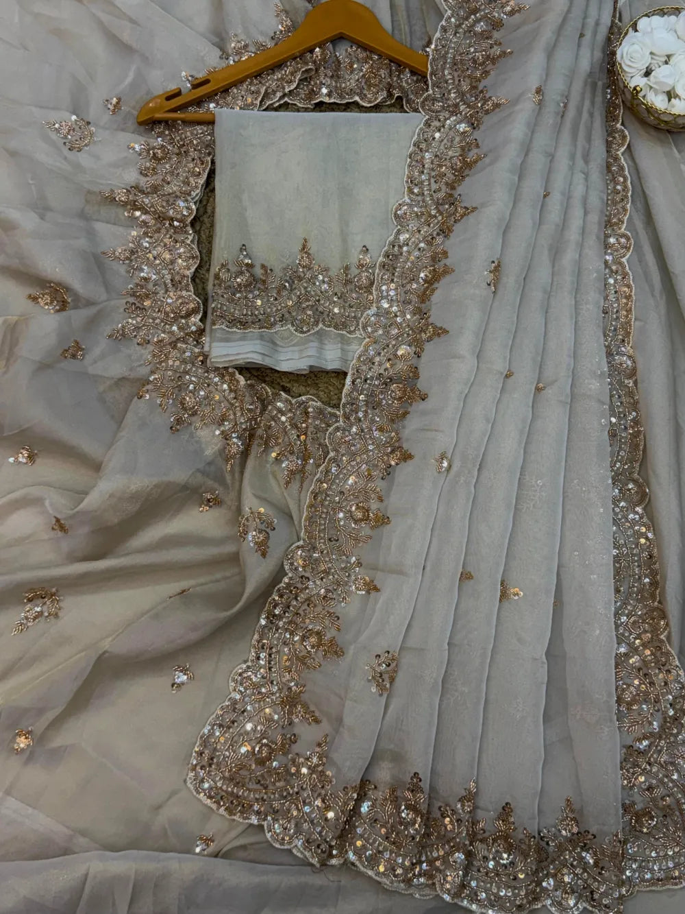 Premium Tissue Silk Saree with Sequins, Cutdana & Bead Work – Border Blouse