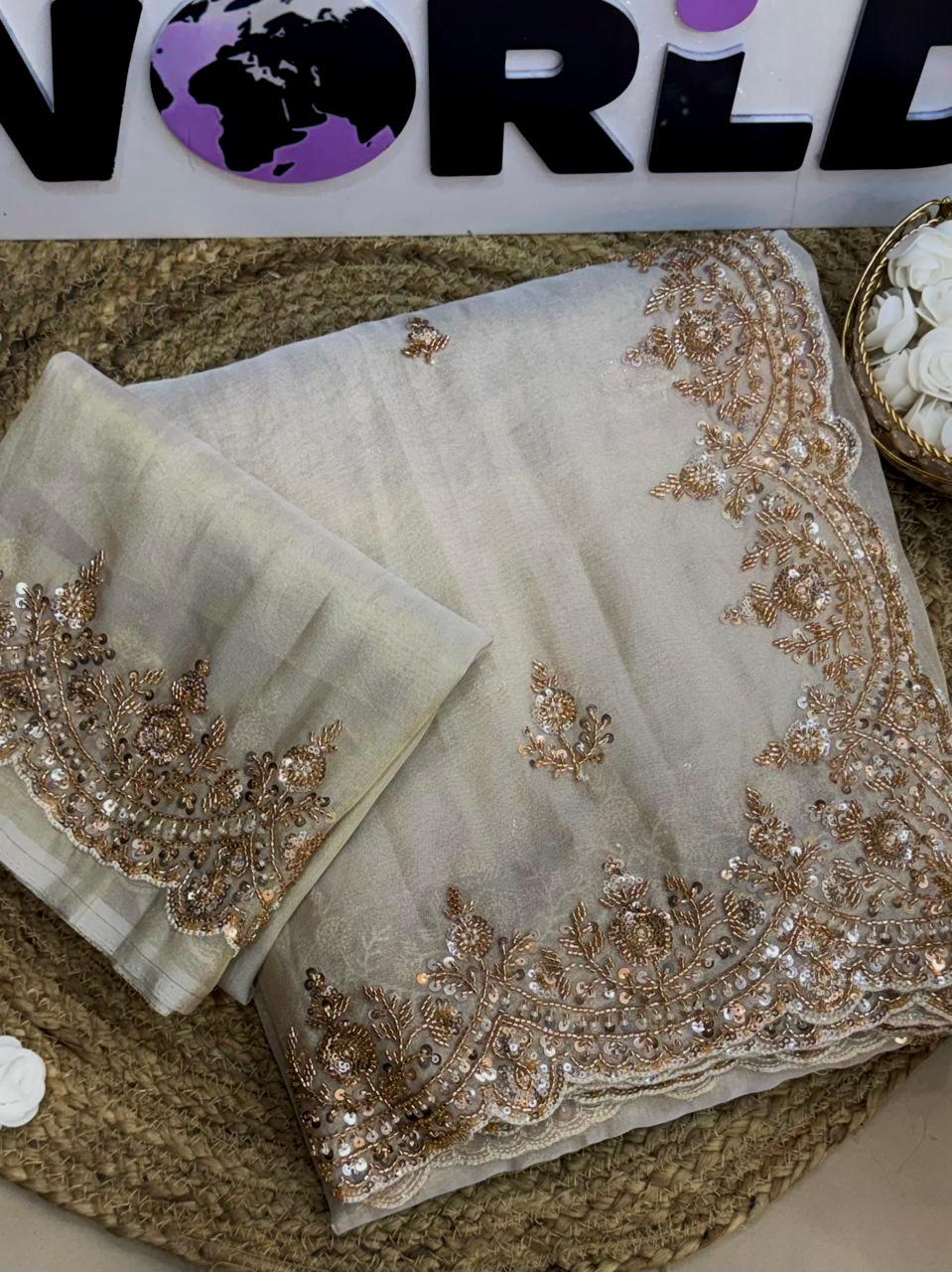 Premium Tissue Silk Saree with Sequins, Cutdana & Bead Work – Border Blouse