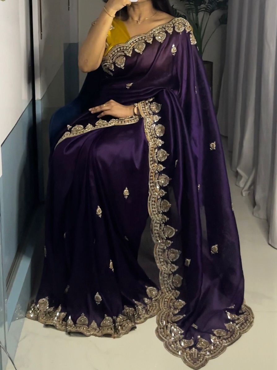 Purple Tissue Silk Saree with Sequins, Cutdana & Bead Work – Border Blouse