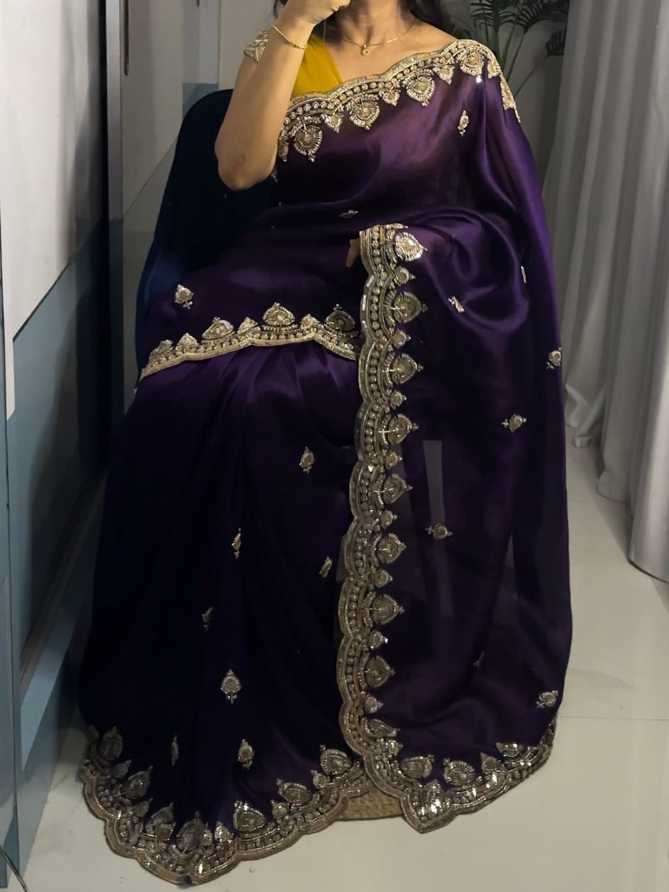 Purple Tissue Silk Saree with Sequins, Cutdana & Bead Work – Border Blouse