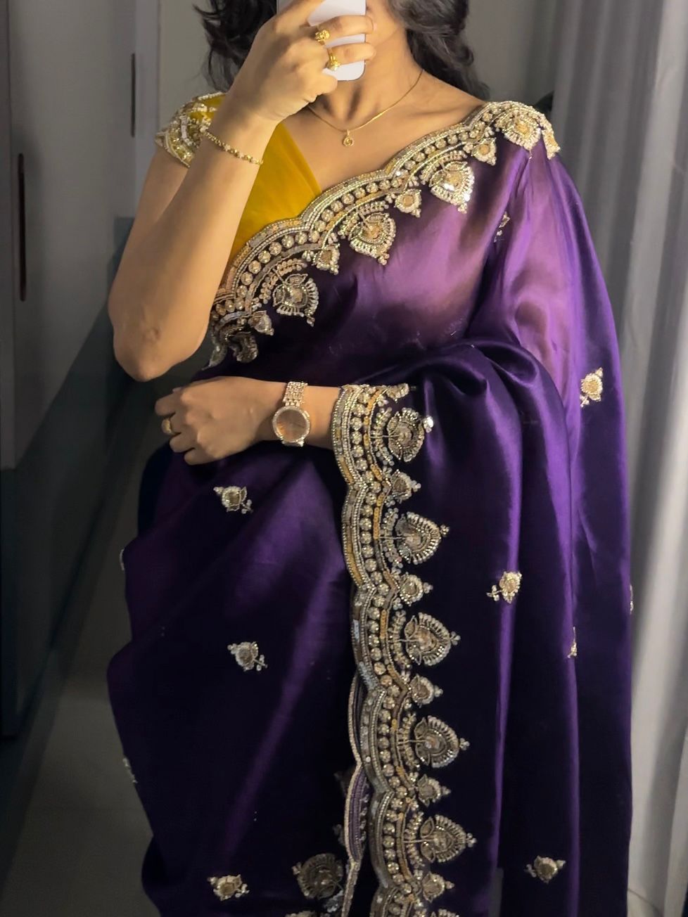 Purple Tissue Silk Saree with Sequins, Cutdana & Bead Work – Border Blouse