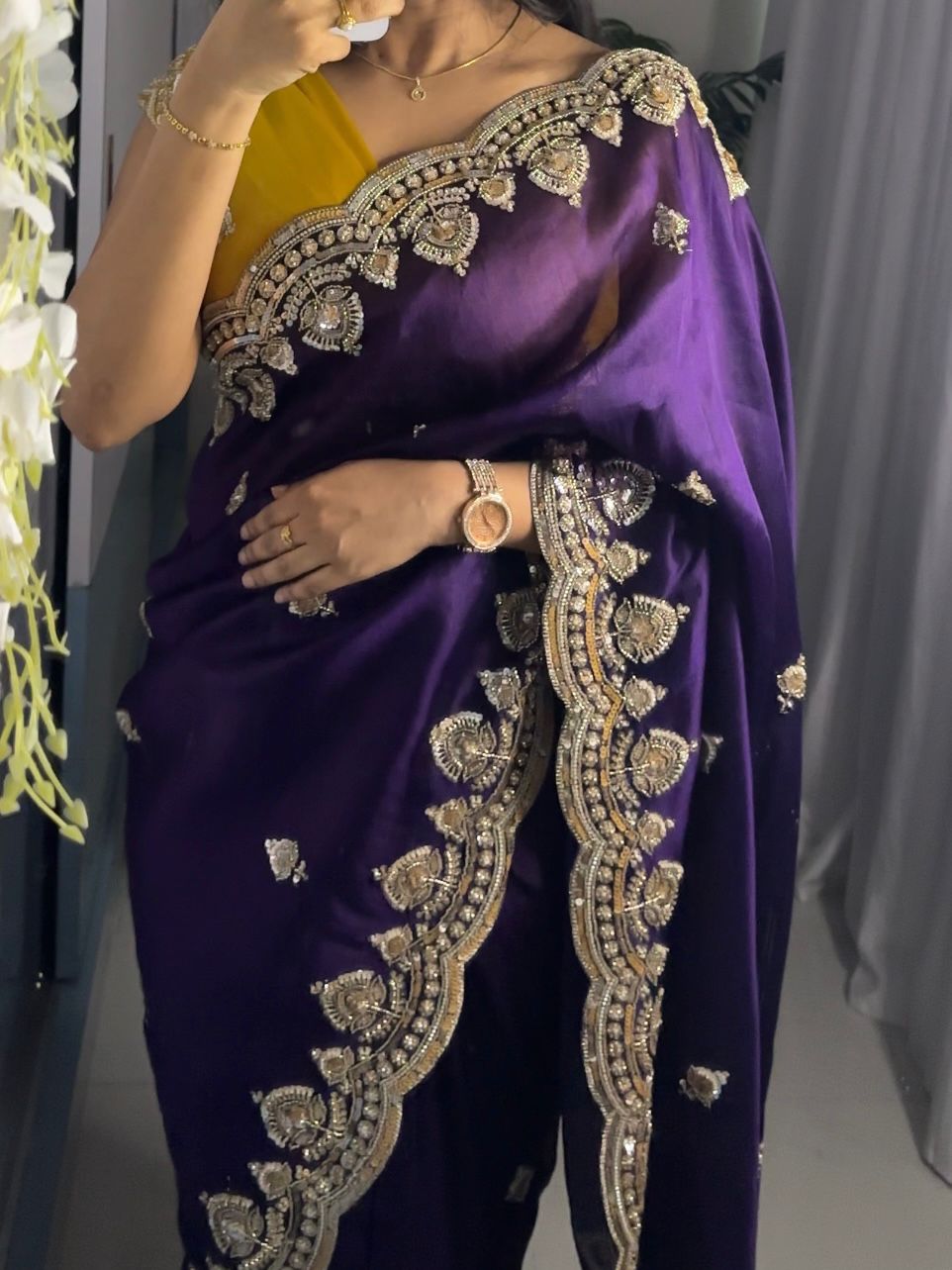Purple Tissue Silk Saree with Sequins, Cutdana & Bead Work – Border Blouse