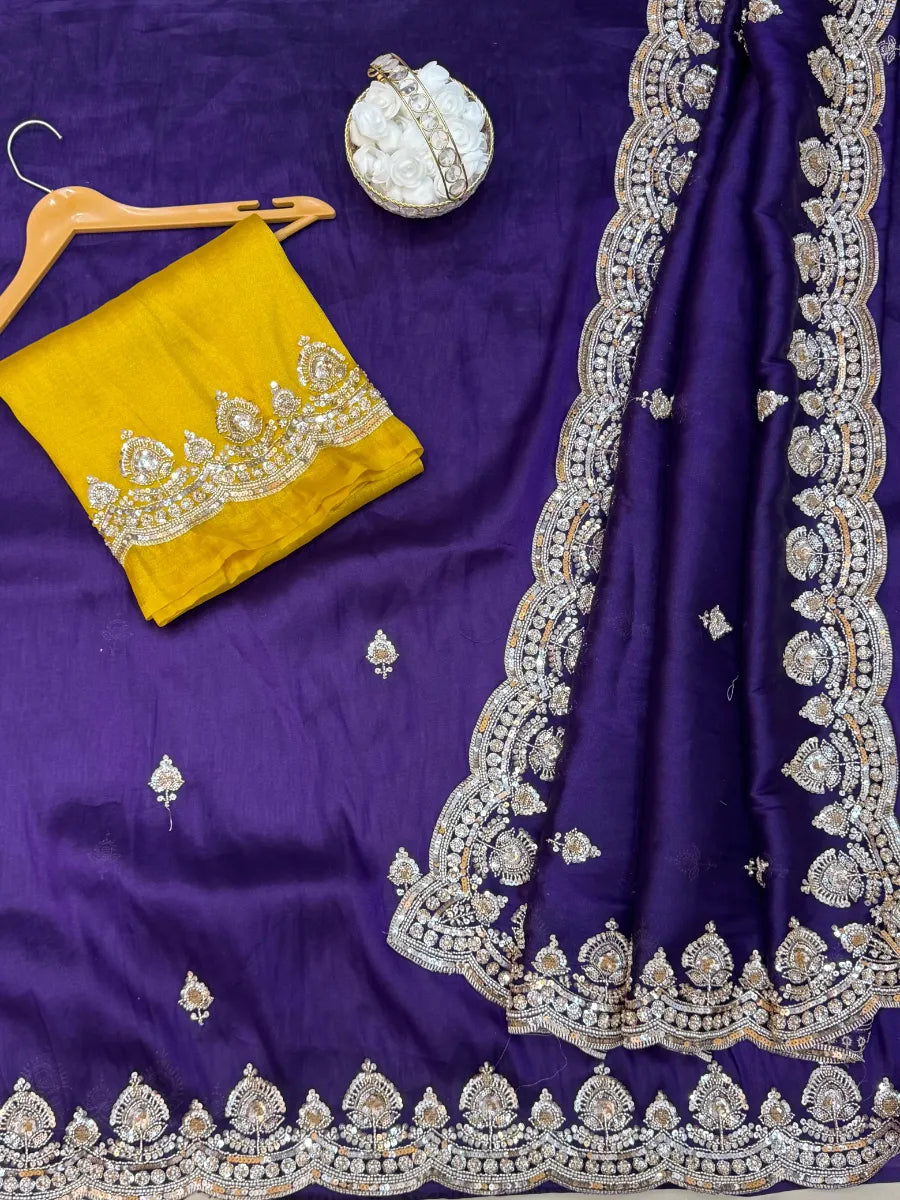 Purple Tissue Silk Saree with Sequins, Cutdana & Bead Work – Border Blouse