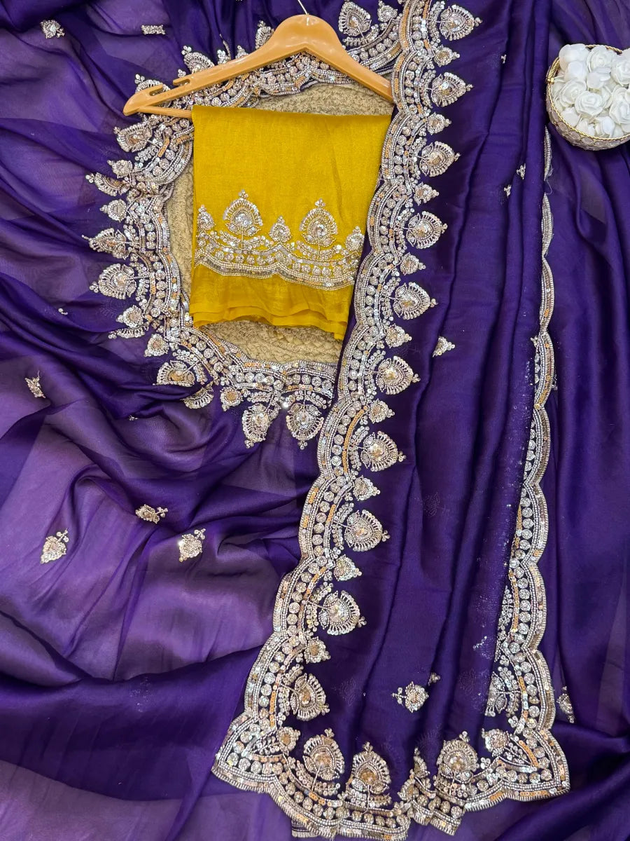 Purple Tissue Silk Saree with Sequins, Cutdana & Bead Work – Border Blouse