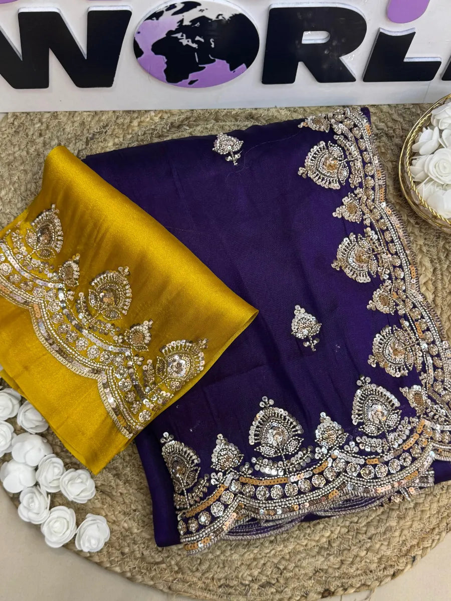 Purple Tissue Silk Saree with Sequins, Cutdana & Bead Work – Border Blouse