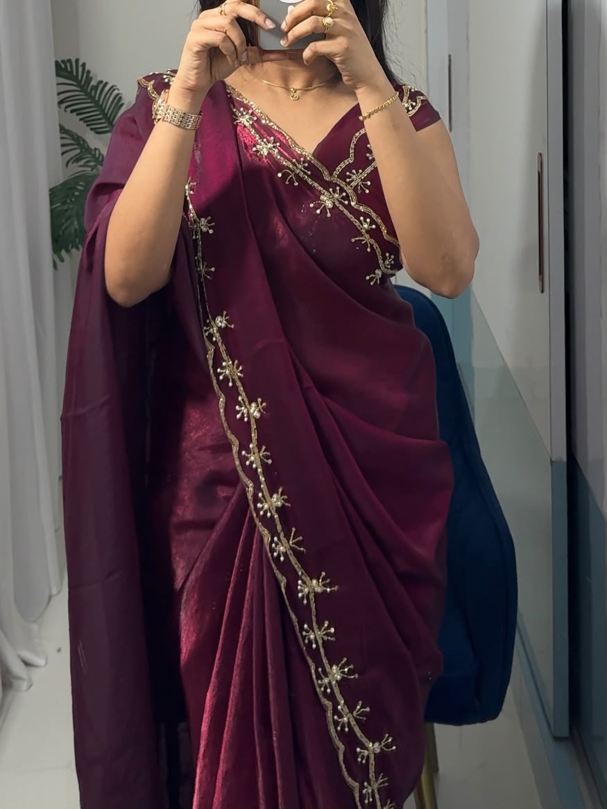 Space Silk Crush Saree with Sequins, Moti & Cutdana Work – Running Blouse
