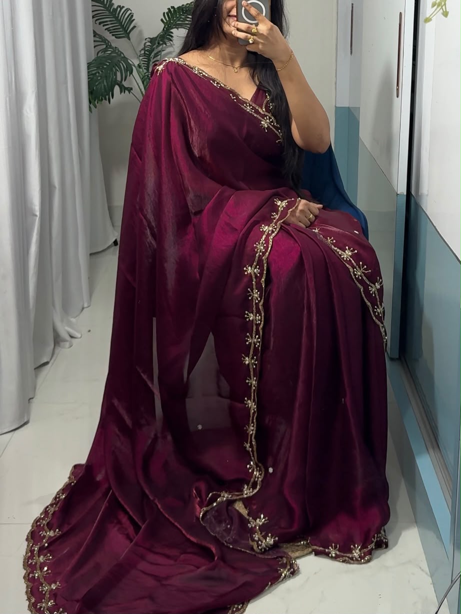 Space Silk Crush Saree with Sequins, Moti & Cutdana Work – Running Blouse